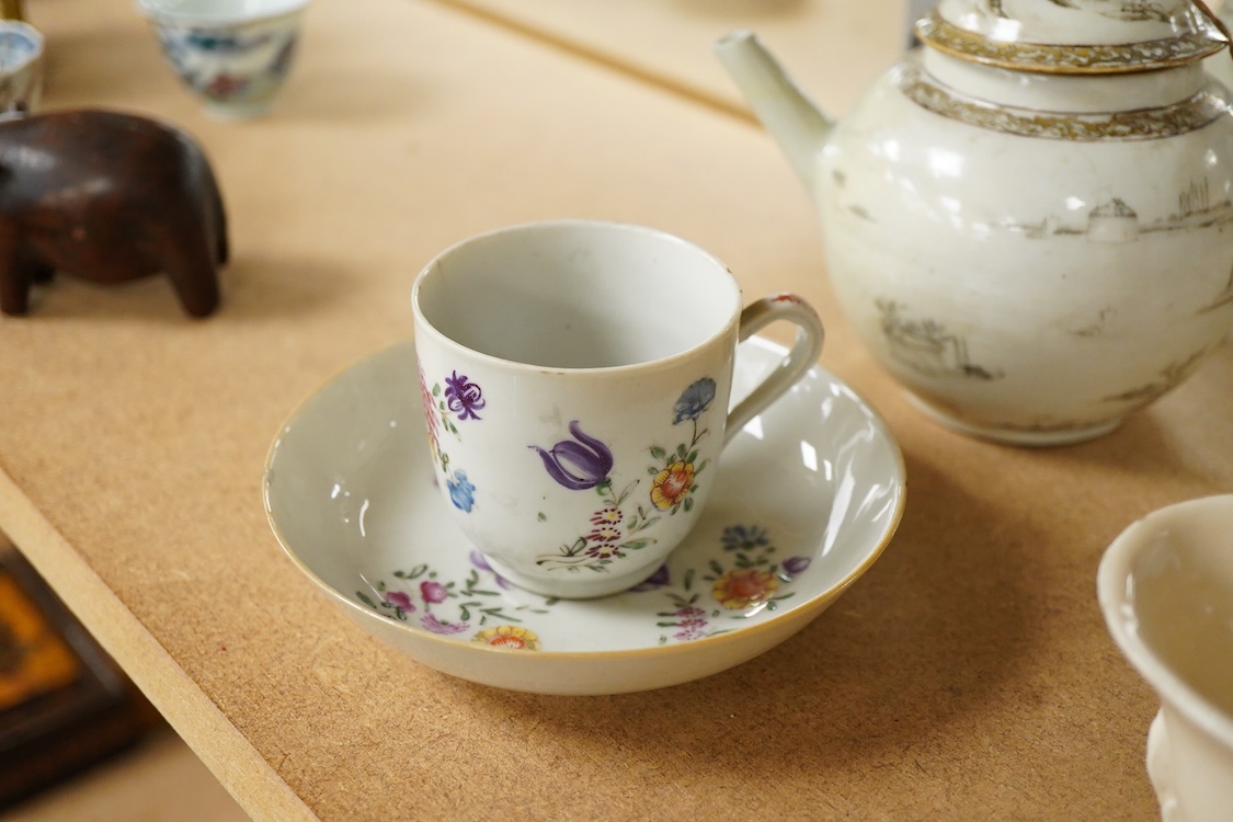 18th century Chinese porcelain tea wares - a grisaille decorated teapot and cover - 13cm high, a famille rose tea caddy, cup and saucer and a Kangxi blanc de chine libation cup